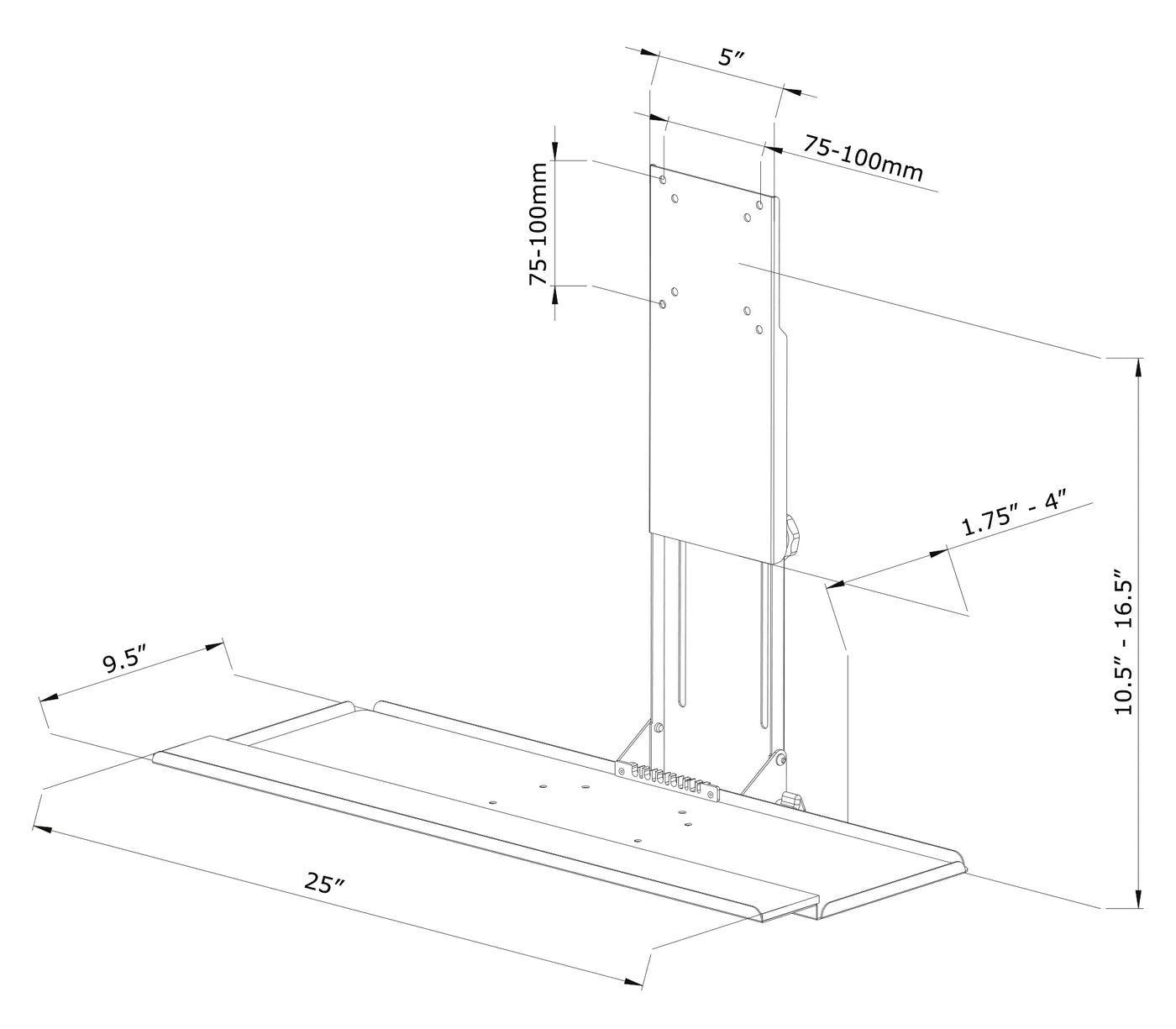 Blueprint and specification of lengths, width, and height of VESA mounting keyboard tray.