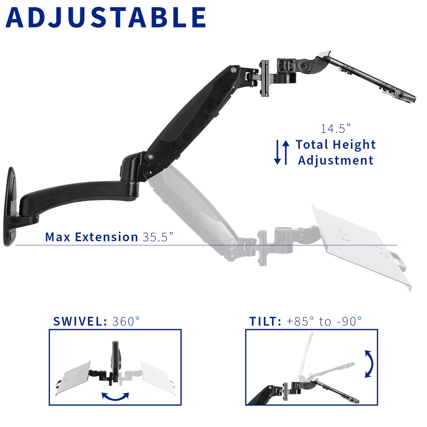 Wall mount keyboard tray with measurements and adjustments.